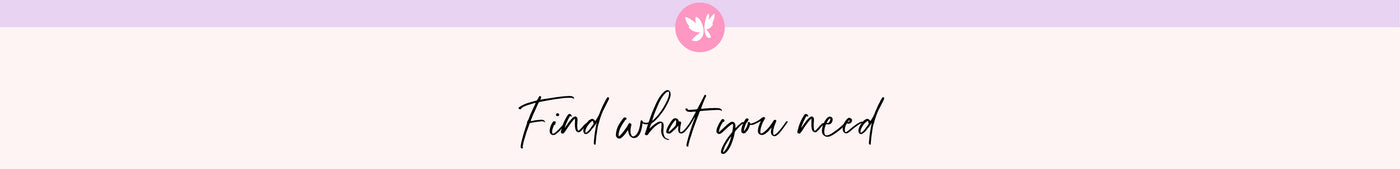 Text 'Find what you need' with a pink butterfly icon on a light purple background