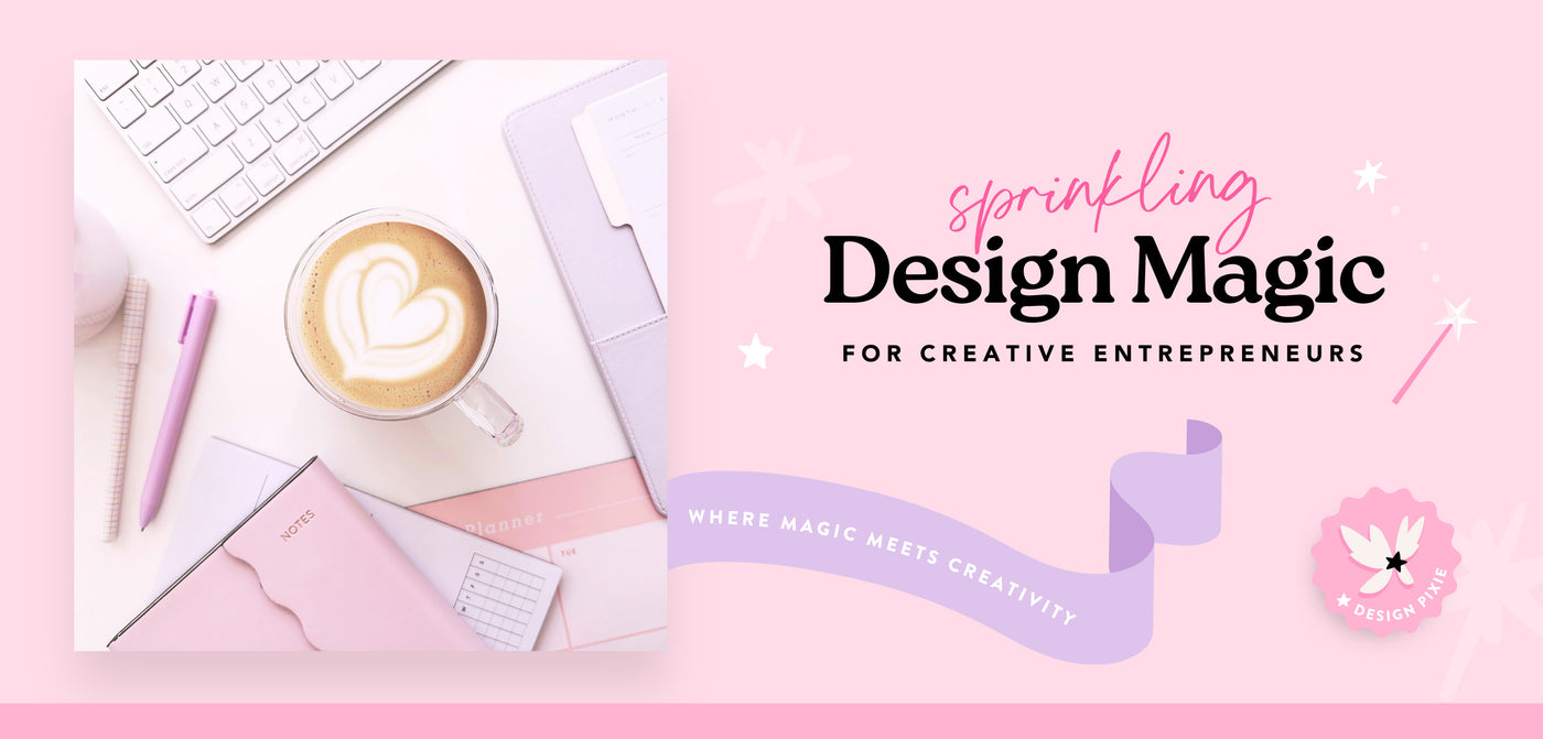 Pink-themed workspace with coffee, keyboard, and stationery items with 'sprinkling design magic for creative entrepreneurs' text.