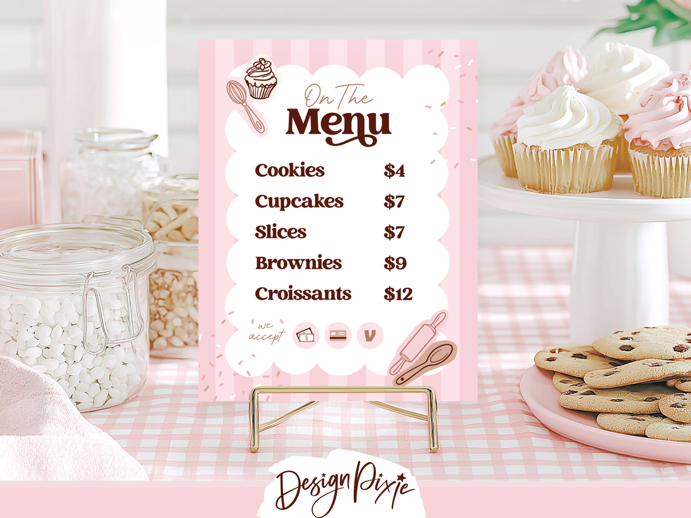 Pink bakery menu sign template for market stall display