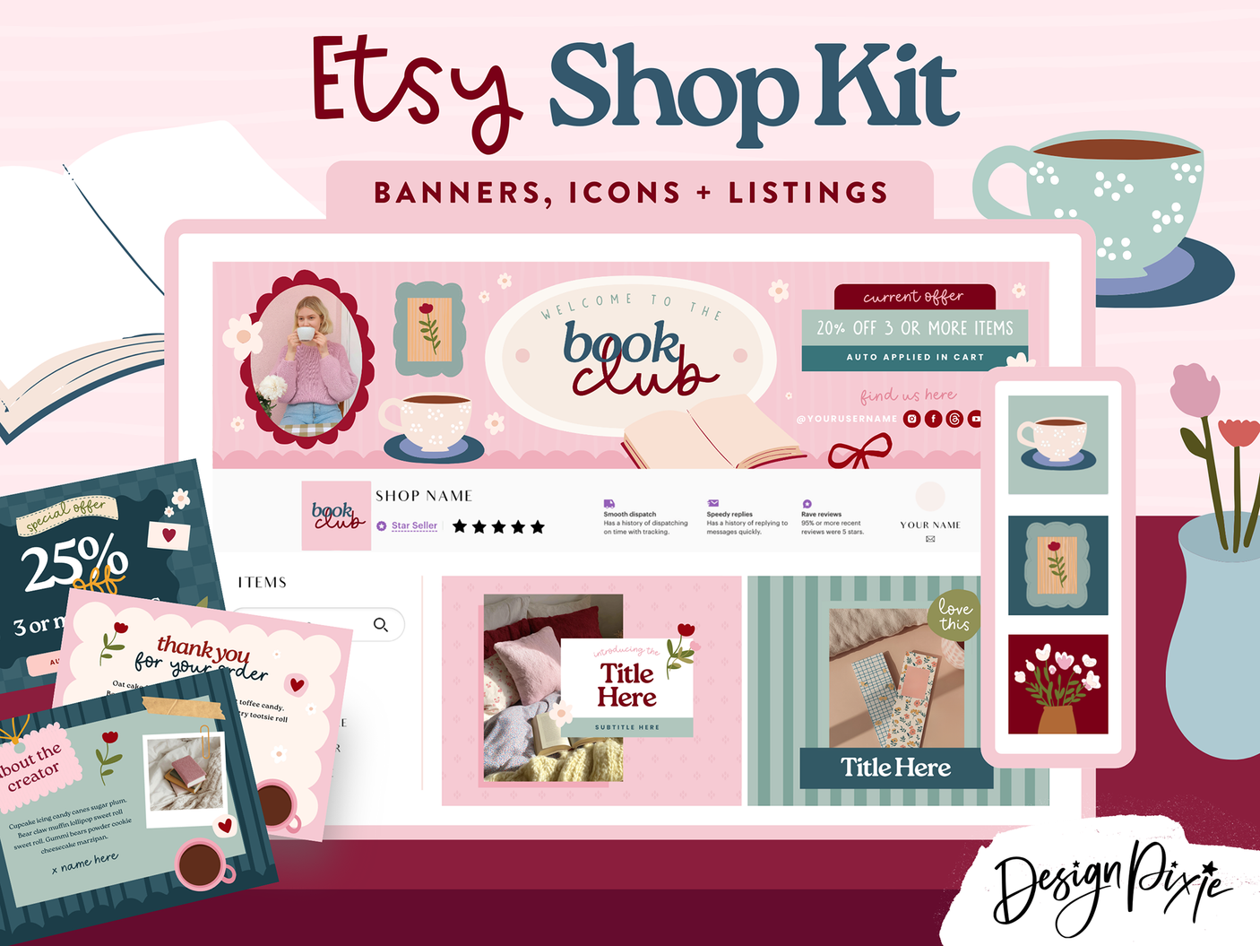 Bookish Etsy Shop Kit for Canva with cozy cottagecore branding templates including shop banners, listing images, and icons for creative sellers