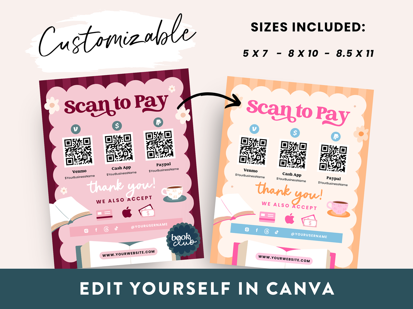 Pink Bookish Scan To Pay Sign Template