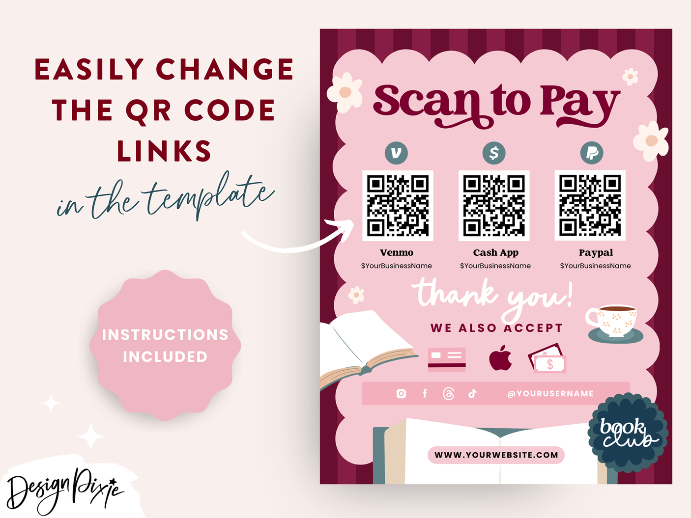 Pink Bookish Scan To Pay Sign Template