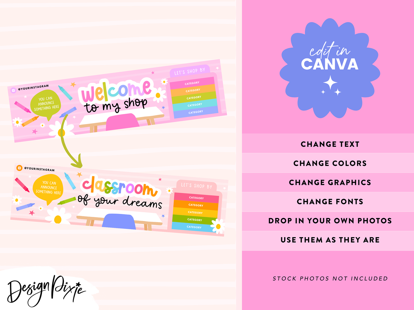 Digital preview of editable banner templates for Canva, featuring pastel pink and yellow designs with colorful text and icons, alongside a blue badge reading 'edit in CANVA' and a list of customization options on a pink background.