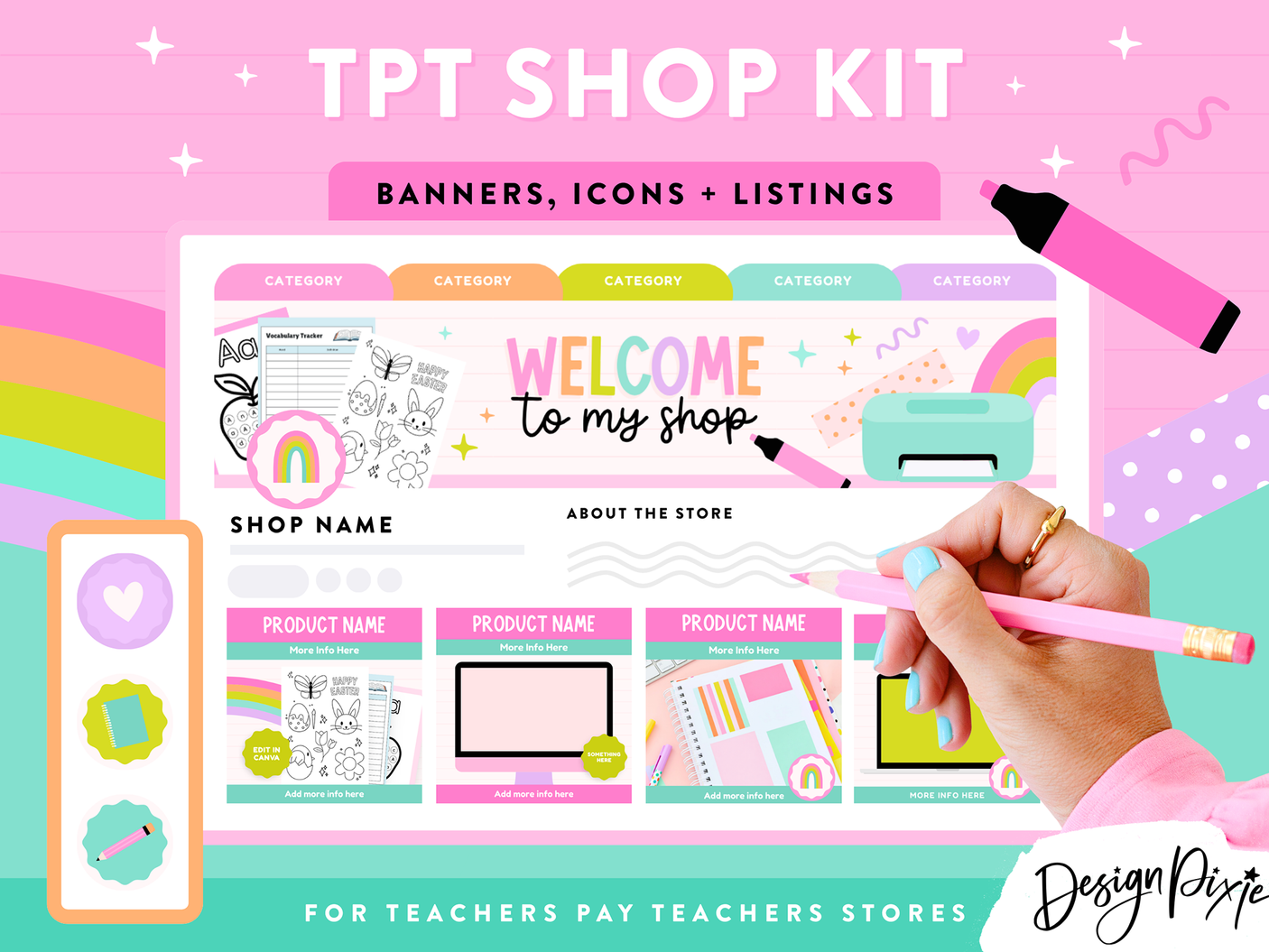 TPT Shop Kit with banners, icons, and listing templates for Teachers Pay Teachers stores.