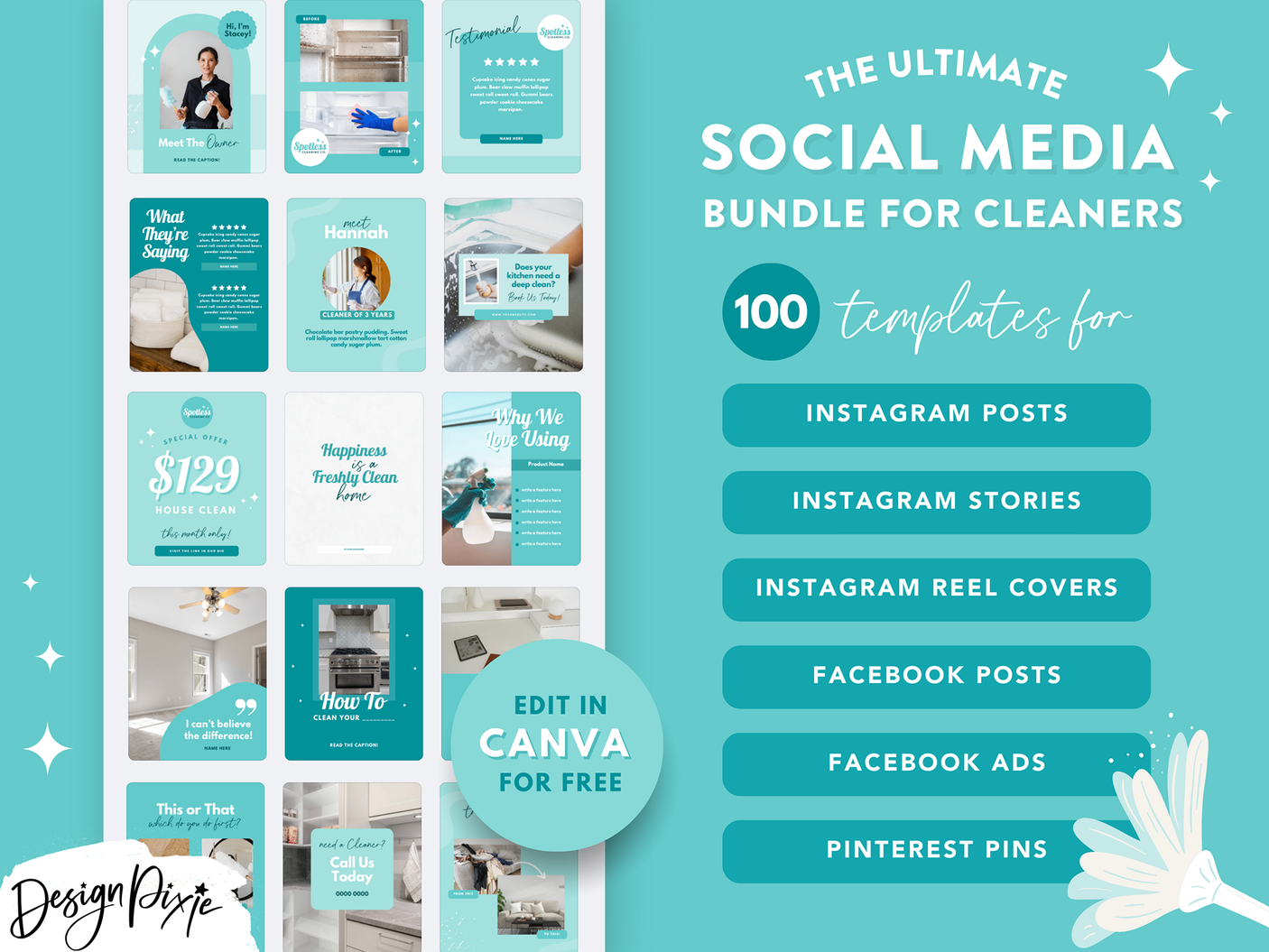 Social media bundle for Cleaning Business with post templates for Instagram and Facebook to edit in Canva