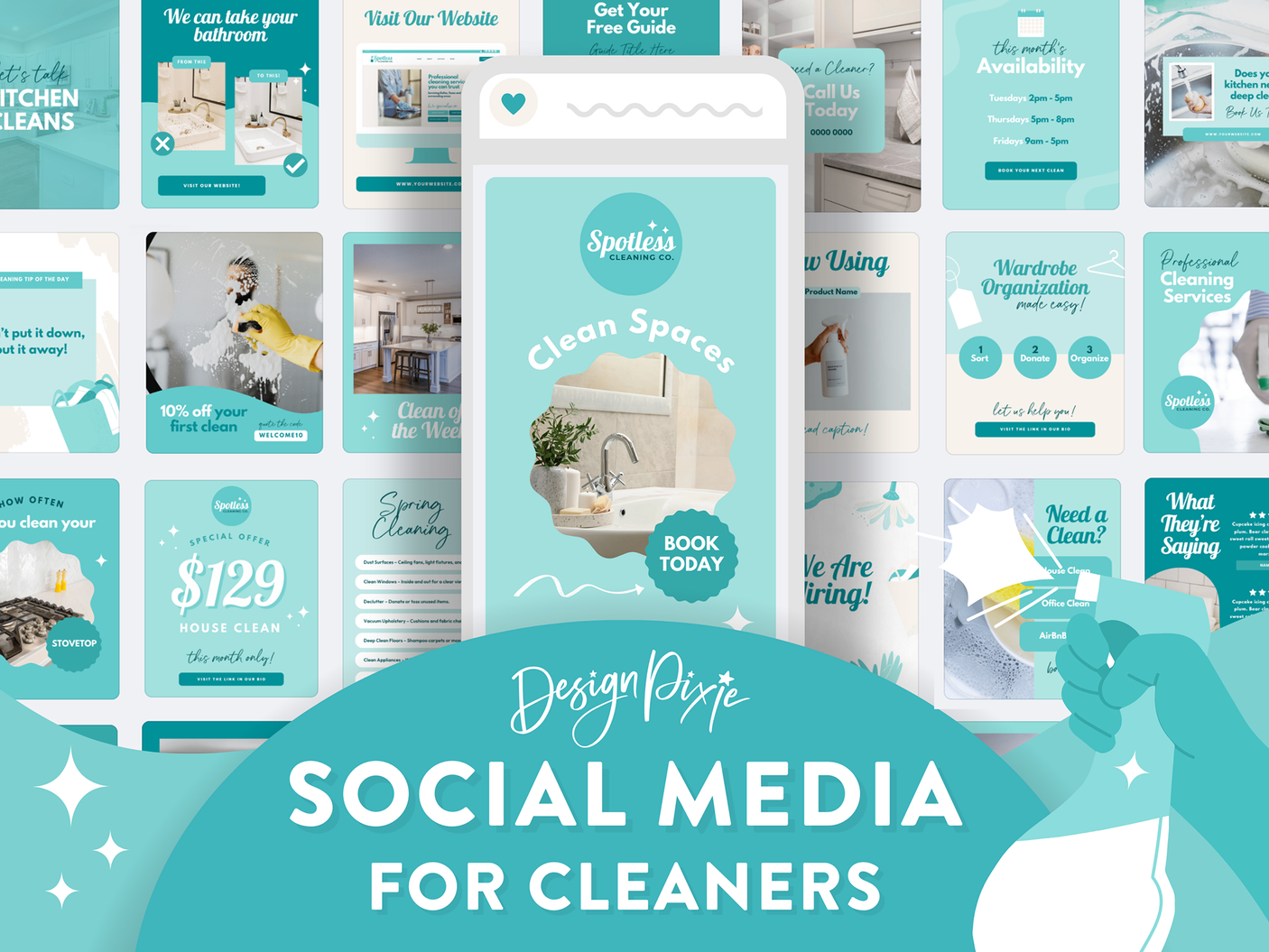 Cleaning business social media post ideas with blue Canva templates for Instagram posts and stories