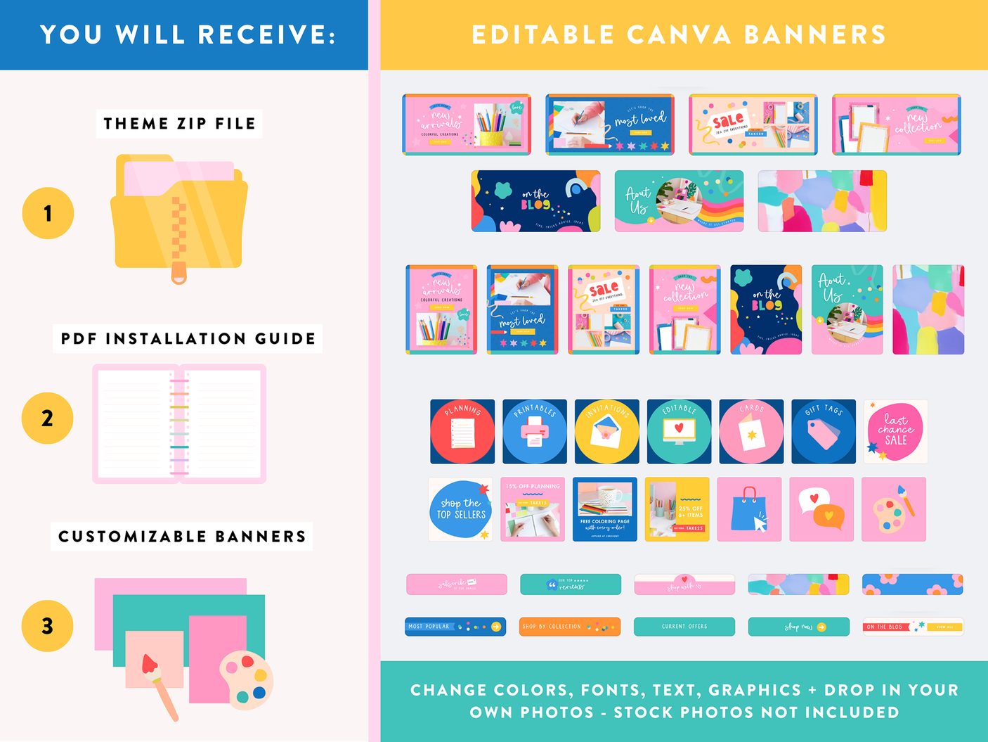 Colorful Shopify store banners to edit in Canva