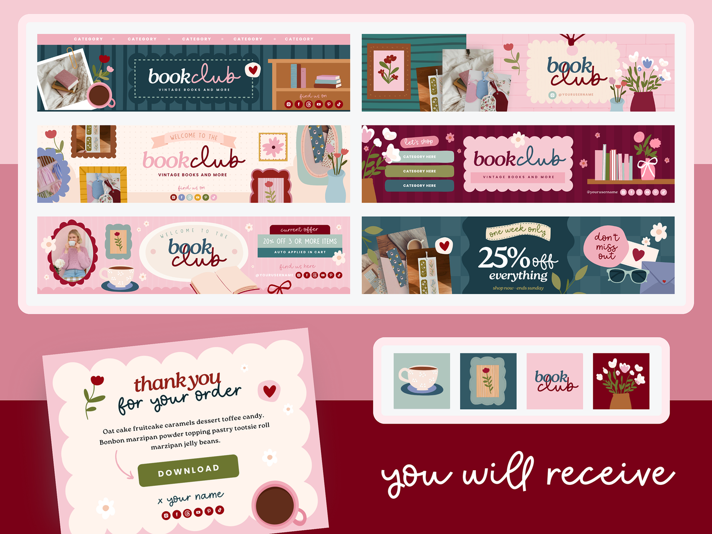 Bookish Etsy banner templates for Canva featuring cozy cottagecore branding in burgundy and navy with vintage inspired typography