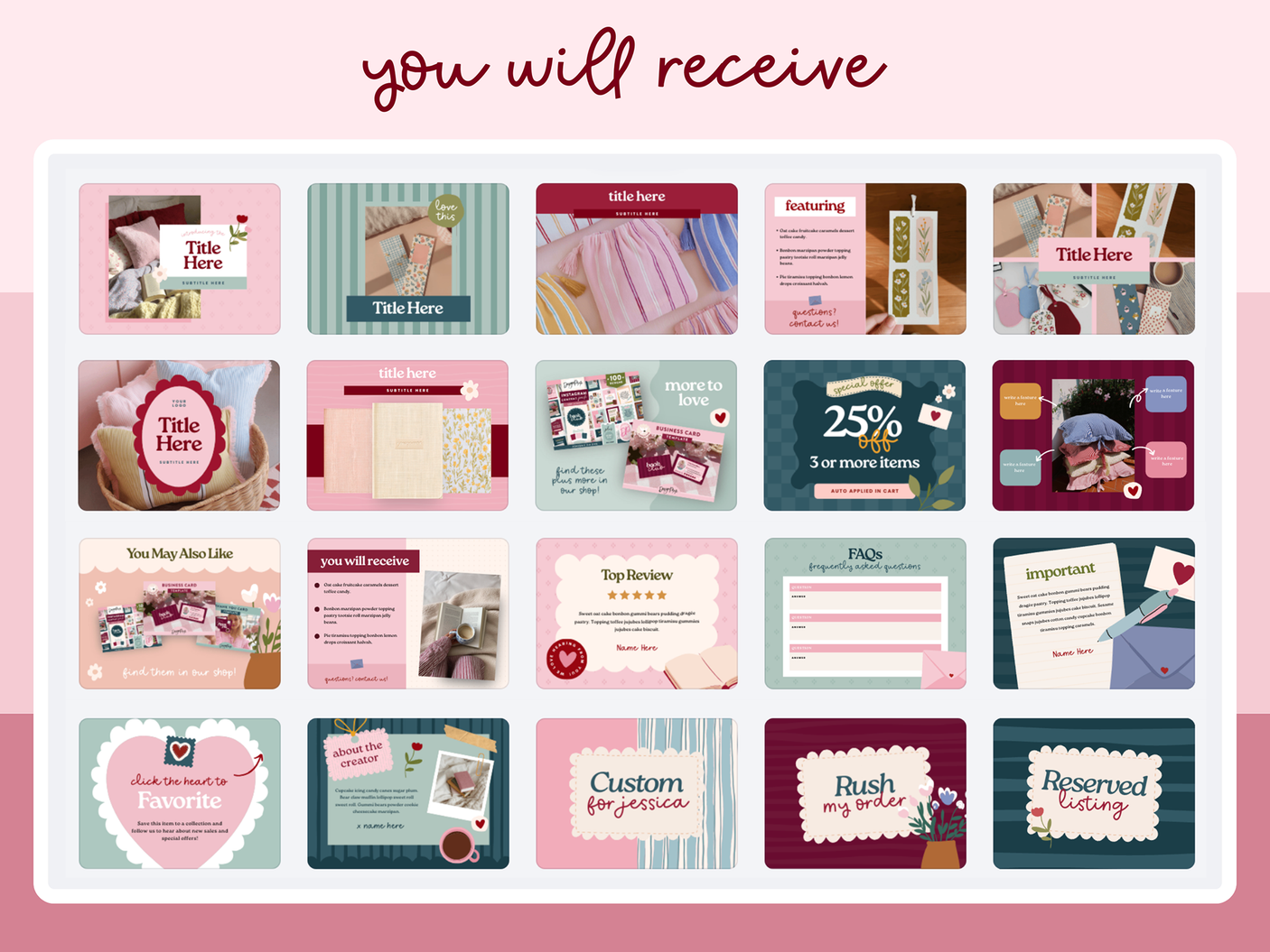 Etsy listing image templates for Canva with cozy bookish aesthetic and vintage cottagecore style layouts for product photos