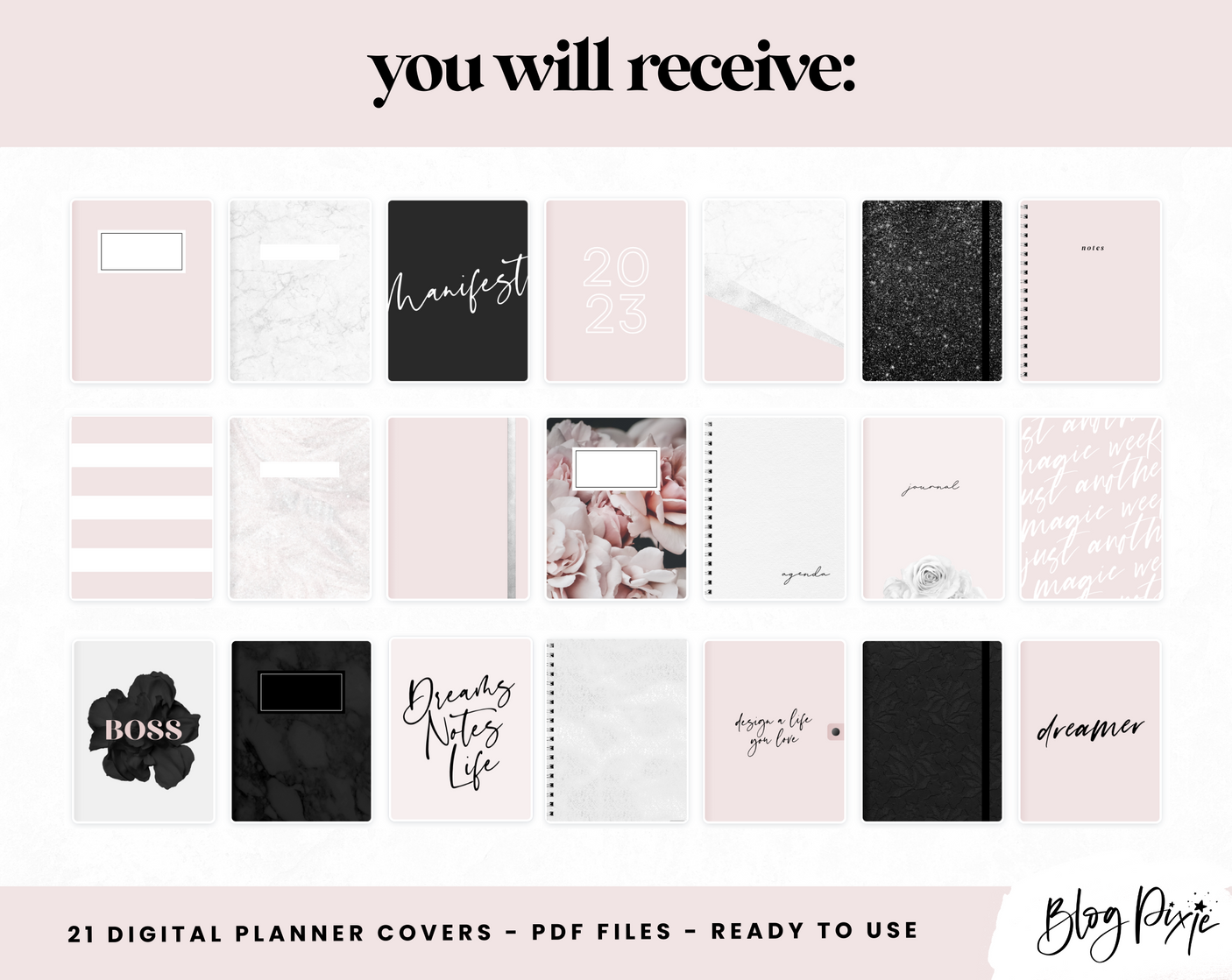 Digital Planner Covers - Blush & Black - Design Pixie