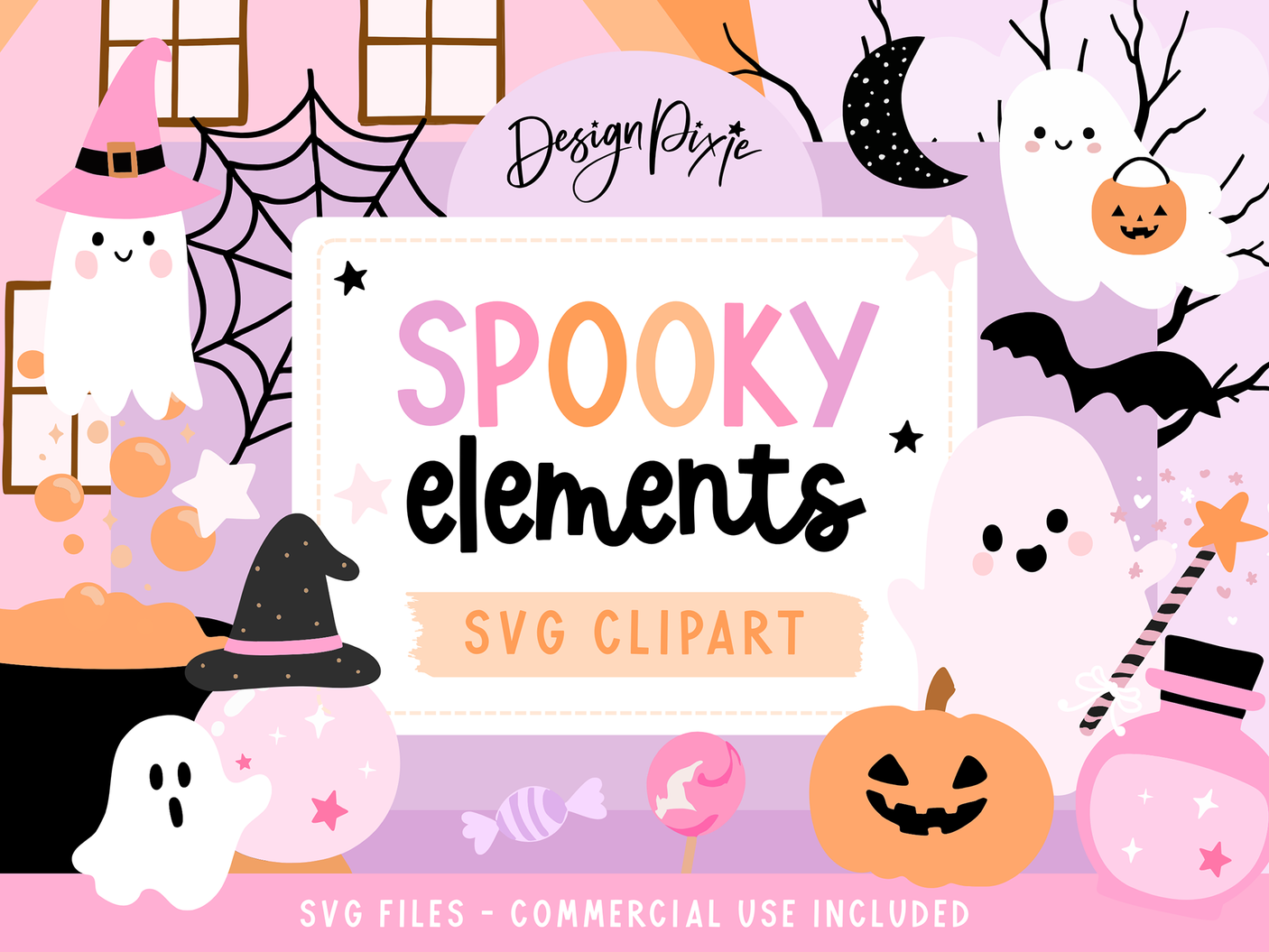 Halloween-themed SVG clipart set with pumpkins, ghosts, and bats on a pink background.