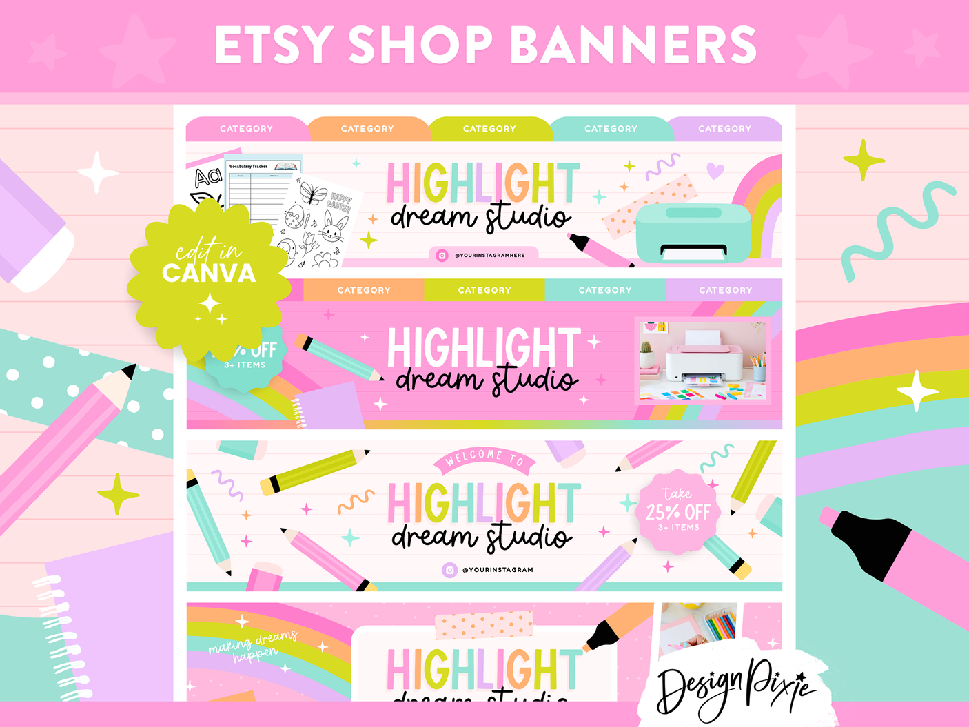 Rainbow Highlighter Etsy Shop Banner Templates