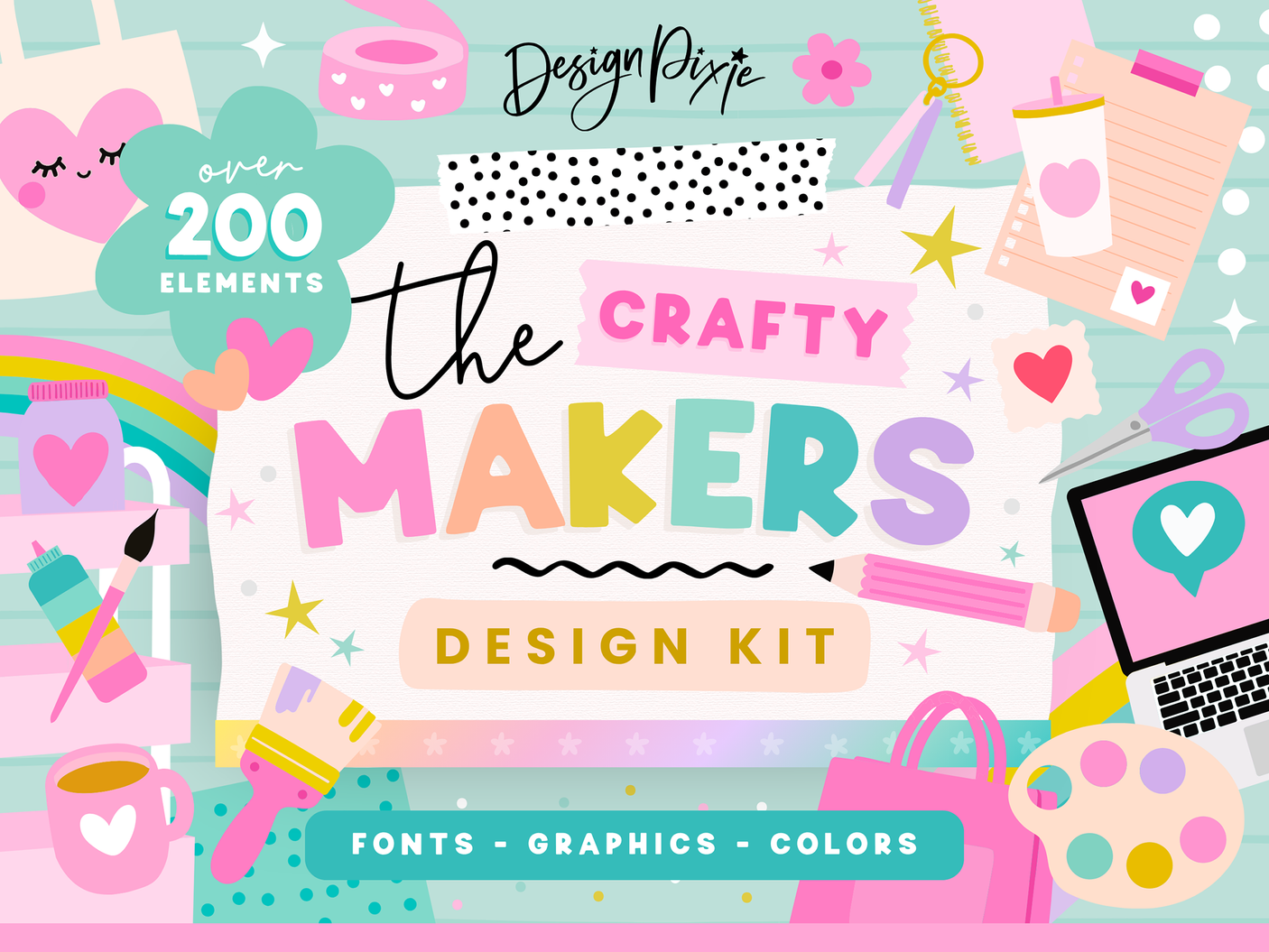 Creative Design Kit with commercial use SVG clipart, PNG graphics and fonts for Cricut, sublimation, small business branding, websites, packaging and creative projects.
