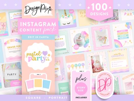 Pastel party Instagram post templates to edit in Canva for party business ideas