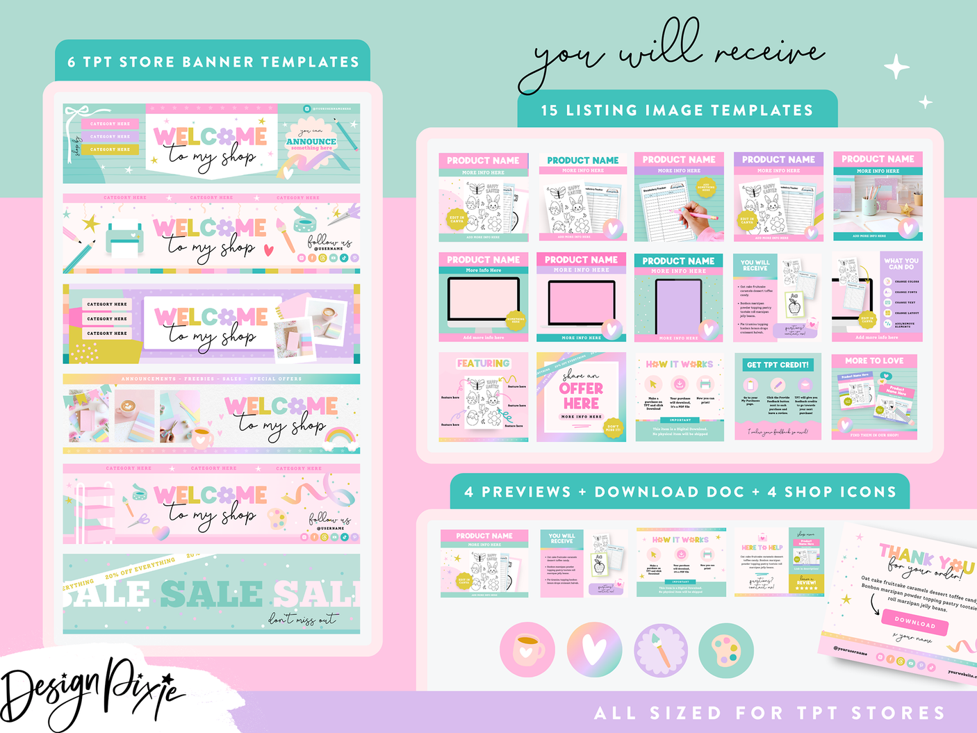 Collection of TPT store banner and listing image templates with colorful design elements on a pink and blue background.
