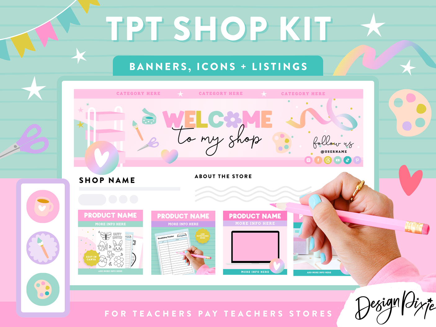 TPT Shop Kit with banners, icons, and listings for Teachers Pay Teachers on a colorful background.