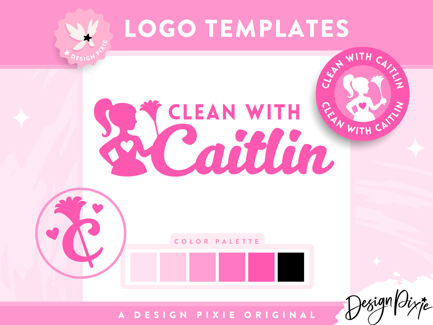 Pink cleaning business logo template with cleaning lady graphic, editable in Canva