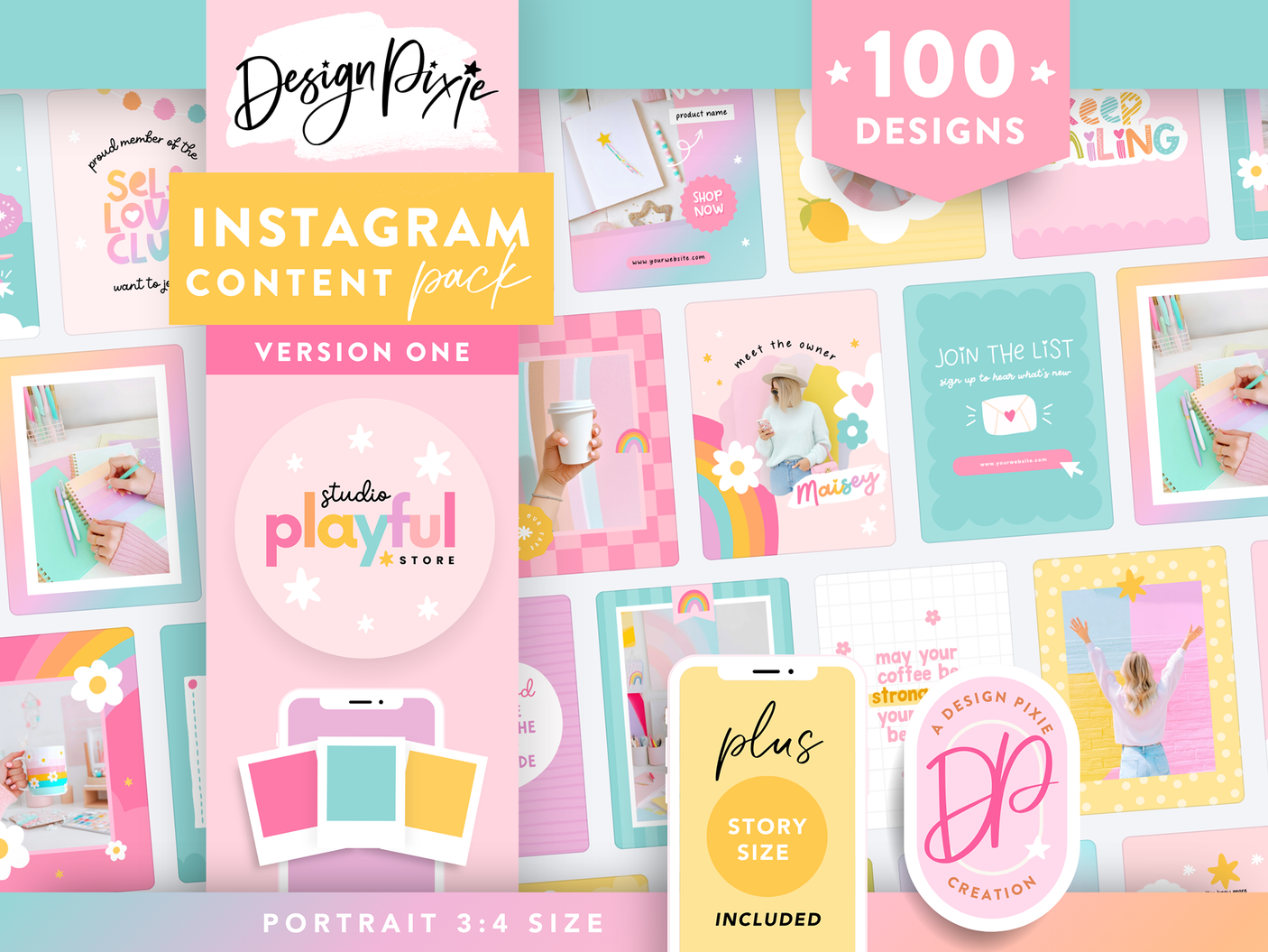 playful rainbow instagram templates for post and story ideas, with positive quotes and cute designs, editable in Canva