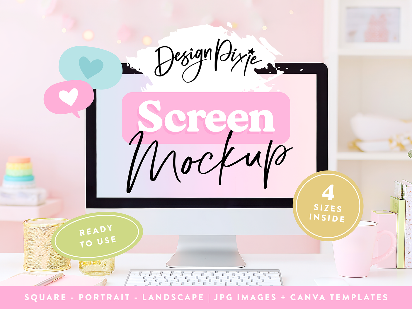 Pretty iMac mockup on desk with fairylights and pastel colors