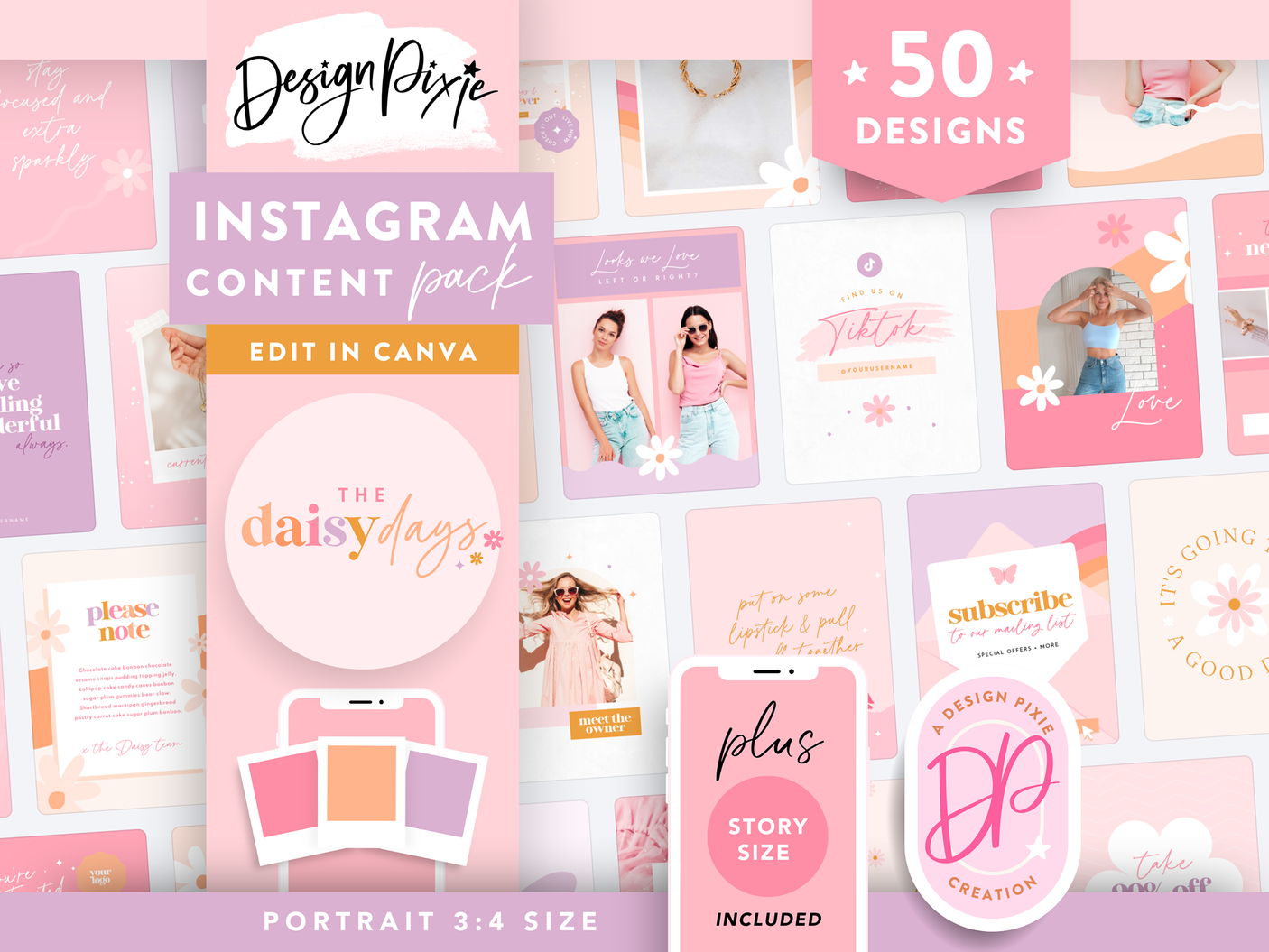 Pretty pink and purple Instagram templates to edit in Canva for post and story ideas. Perfect for fashion brands and cute handmade boutiques.