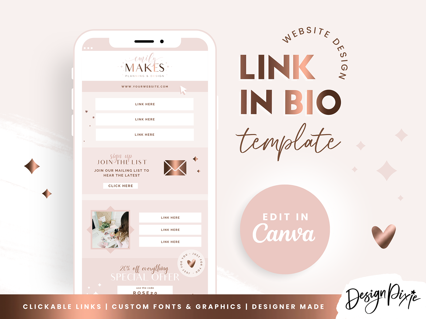 Link In Bio Template - Rose Gold - Design Pixie