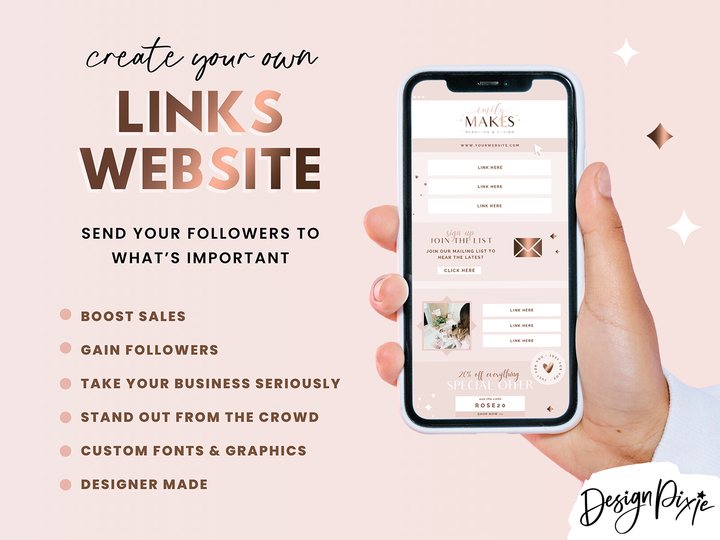 Link In Bio Template - Rose Gold - Design Pixie