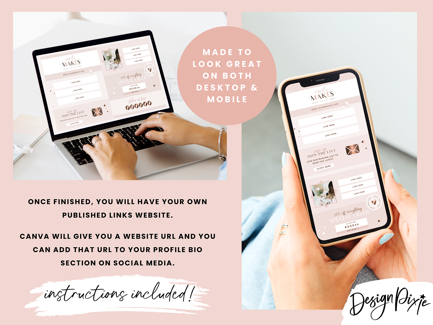 Link In Bio Template - Rose Gold - Design Pixie