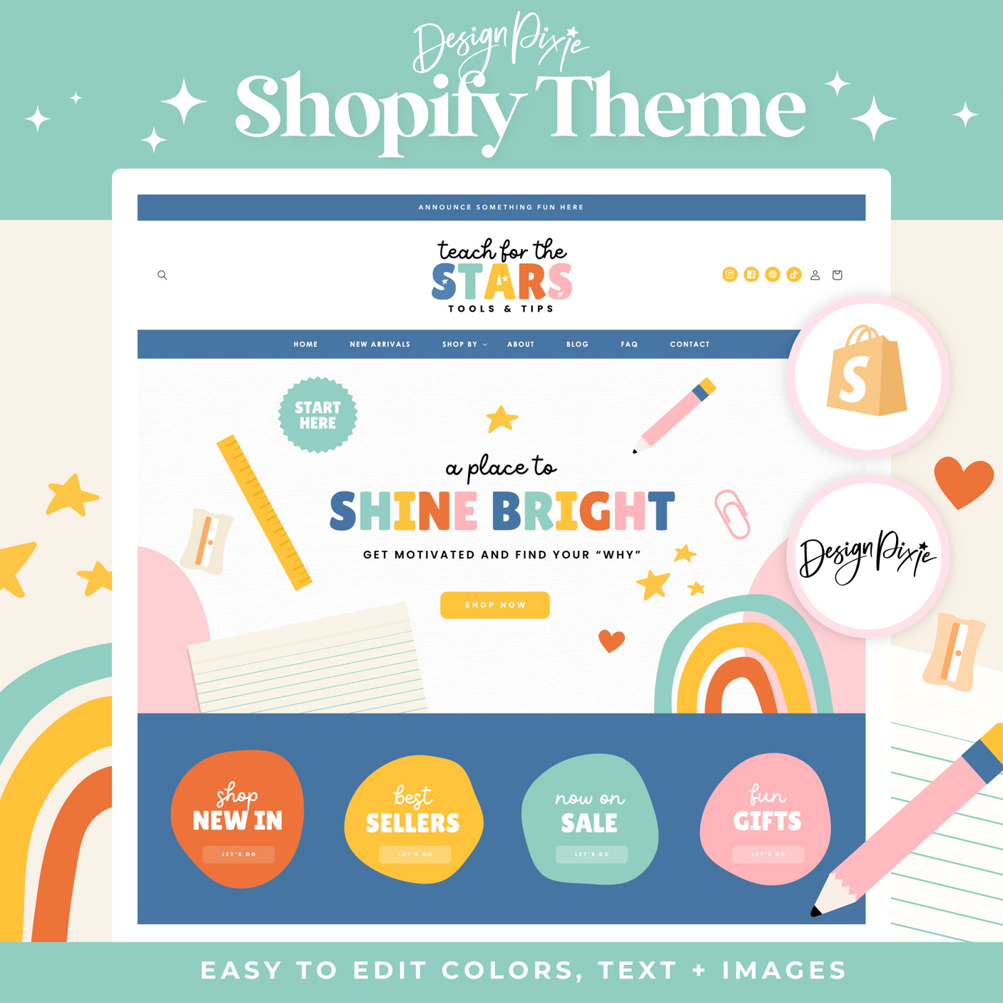 Teacher Shopify theme in primary colors for an education website design