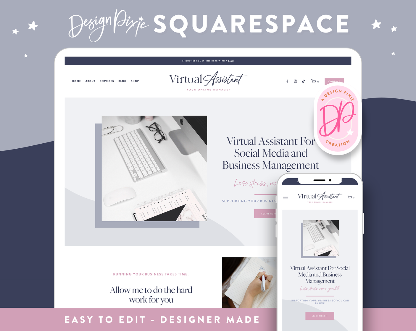 Squarespace website template for virtual assistant
