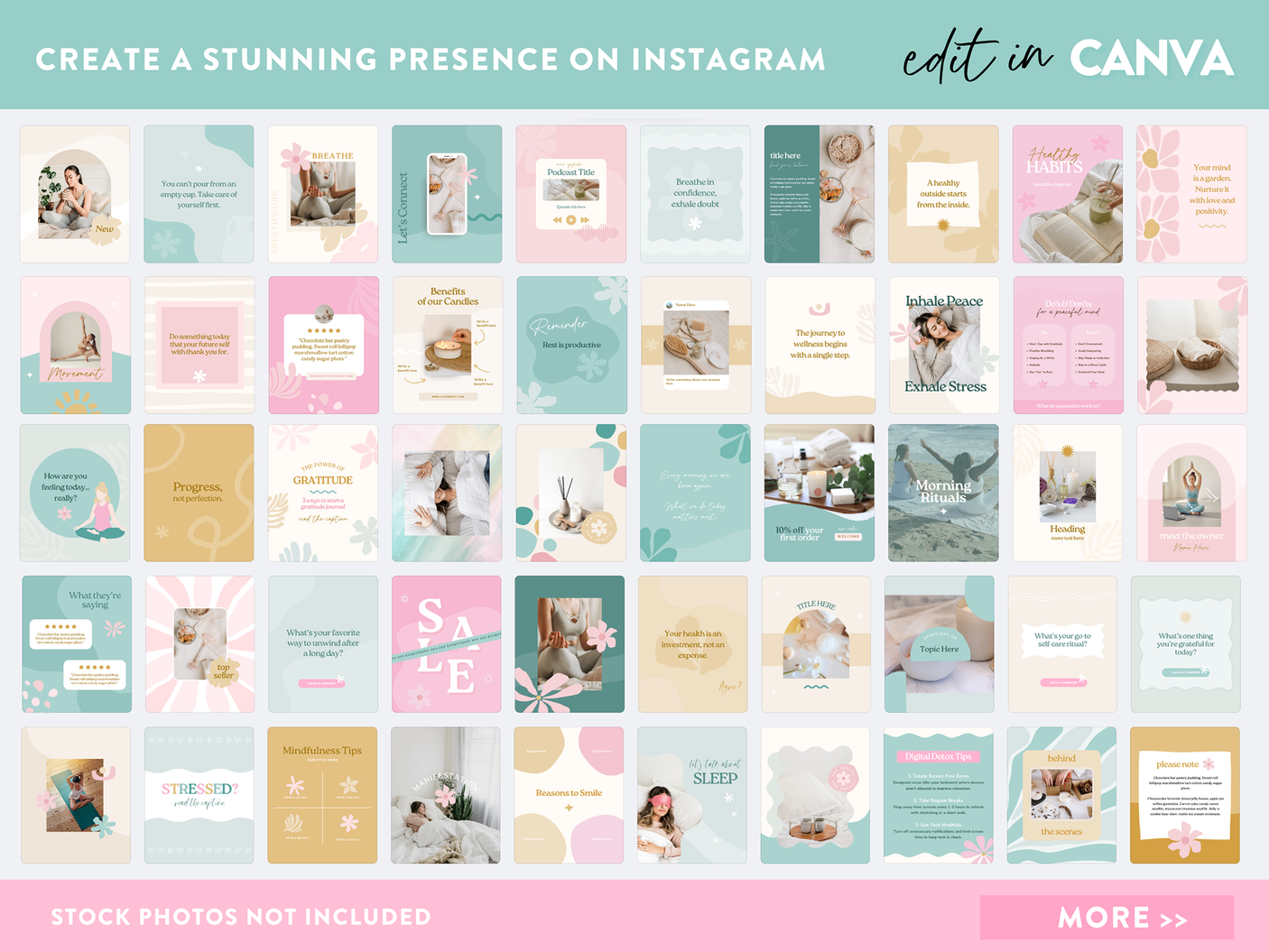 Wellness Branding Instagram Templates - Create a cohesive social media aesthetic with editable Canva designs.