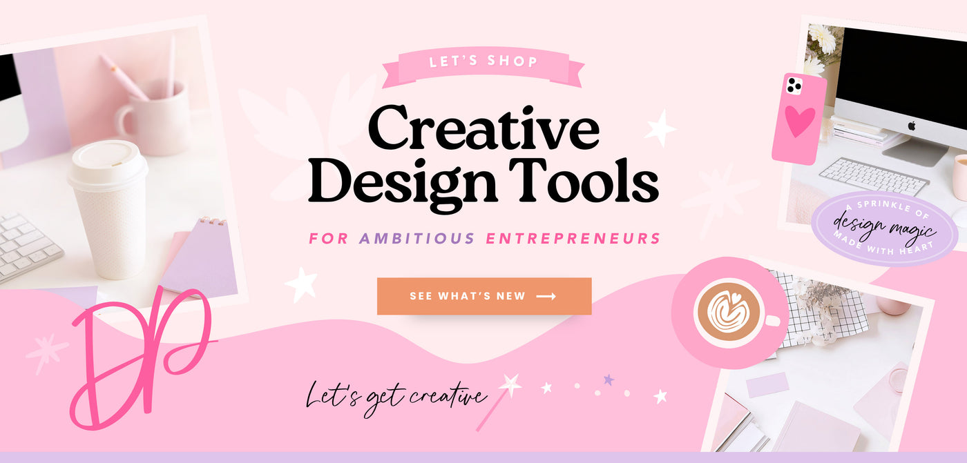 A banner image with the text "Let's shop Creative Design Tools for ambitious entrepreneurs", on a pink background, with an orange button that says "see what's new".