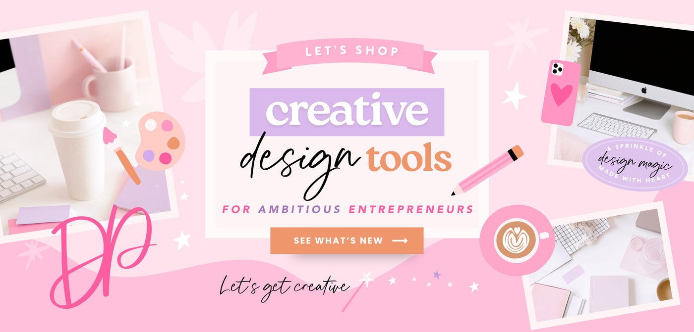 Promotional graphic banner on a pink background which says "let's shop creative design tools for ambitious entrepreneurs" with an orange button that says "see what's new"