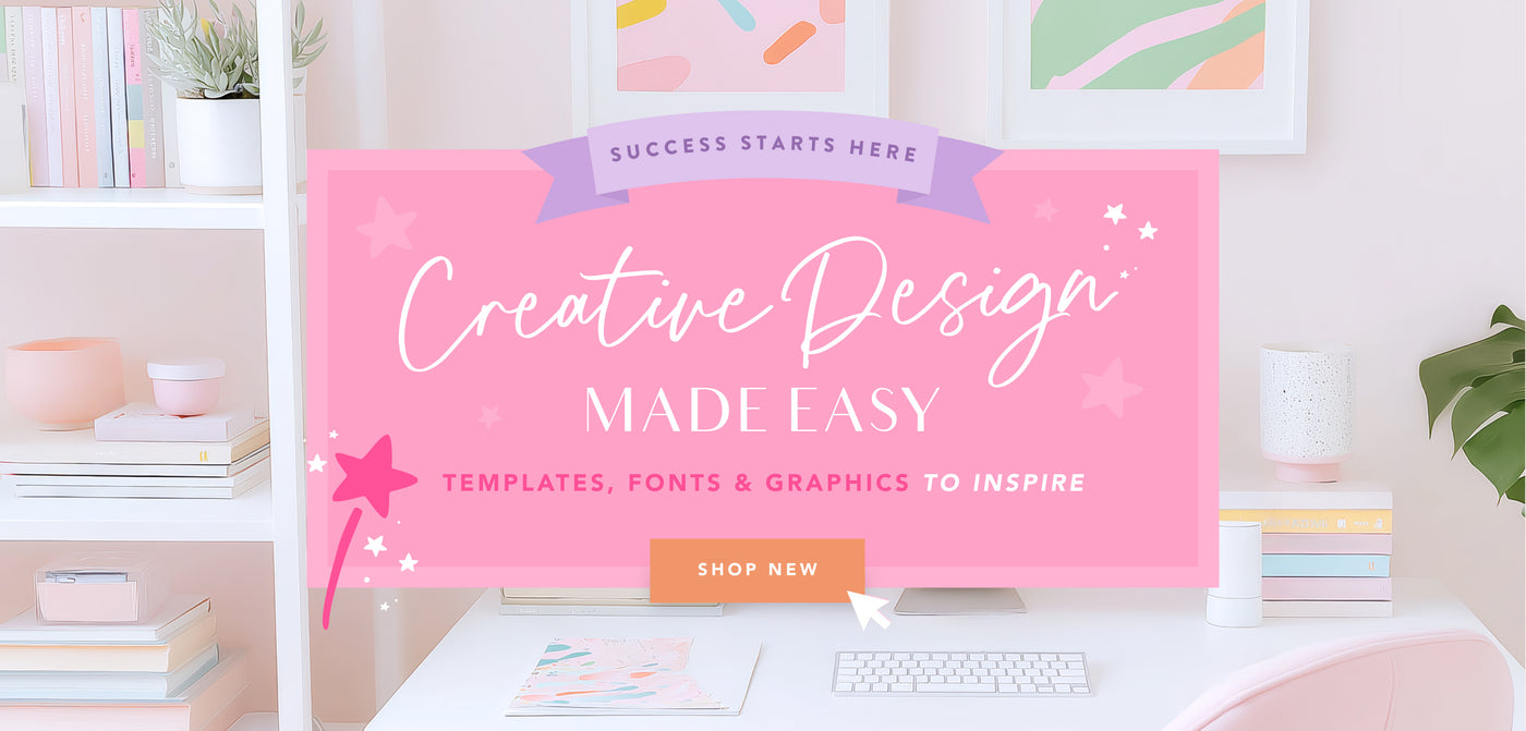 Promotional banner for 'Creative Design Made Easy' with a pink background and text, set against a blurred office or home office setting.