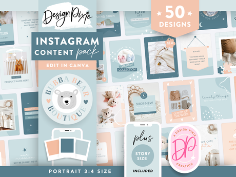 Baby blue Instagram templates for posts and stories to edit in Canva, with cute graphics for children's boutiques, mom bloggers and kids stores.