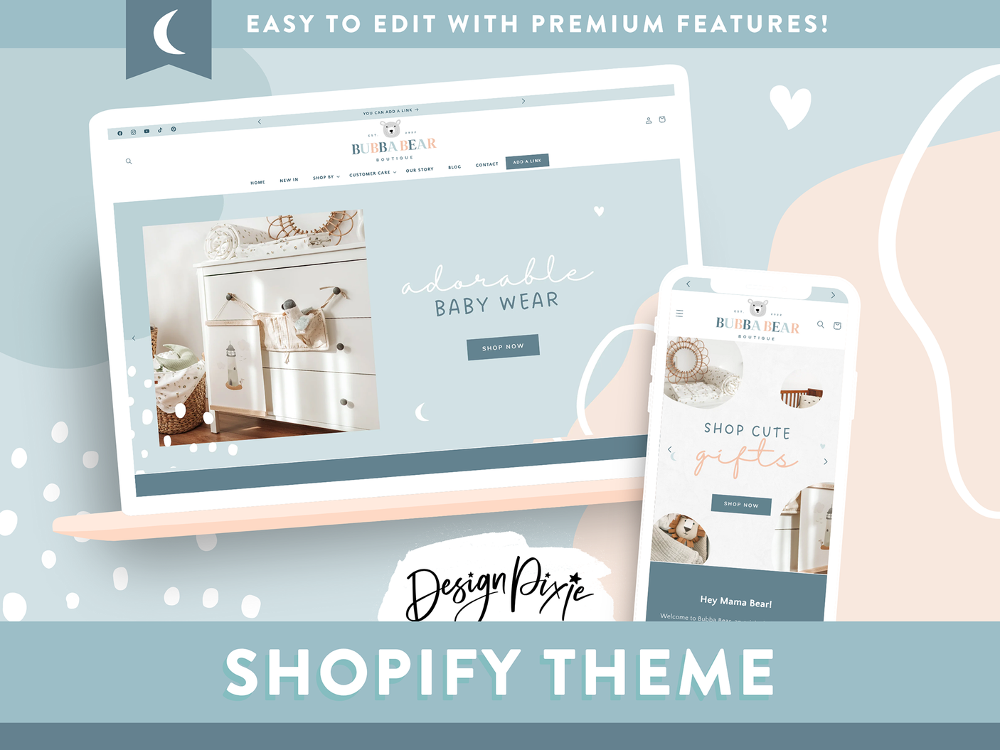 Baby blue Shopify theme for kids boutique in the Bubba Bear template by Design Pixie