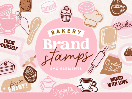 Bakery branding stamps with colored line-art illustrations including cookies, cakes and baking tool clipart