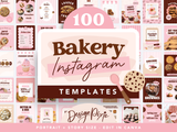 Bakery Instagram templates for cookie and cake business feeds. With pink and brown baking aesthetic post and story ideas to edit in Canva.