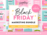 Black Friday marketing templates bundle to edit in Canva with email templates, social media graphics, pop-ups, web banners and more