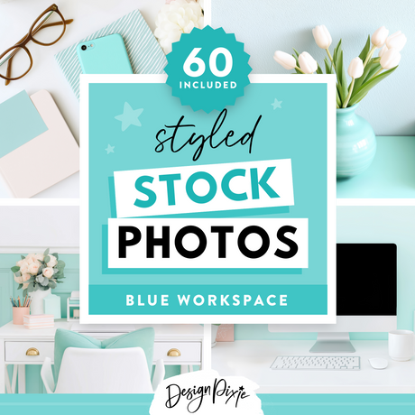 Blue workspace stock photos with shades of turquoise and teal for aesthetic business branding