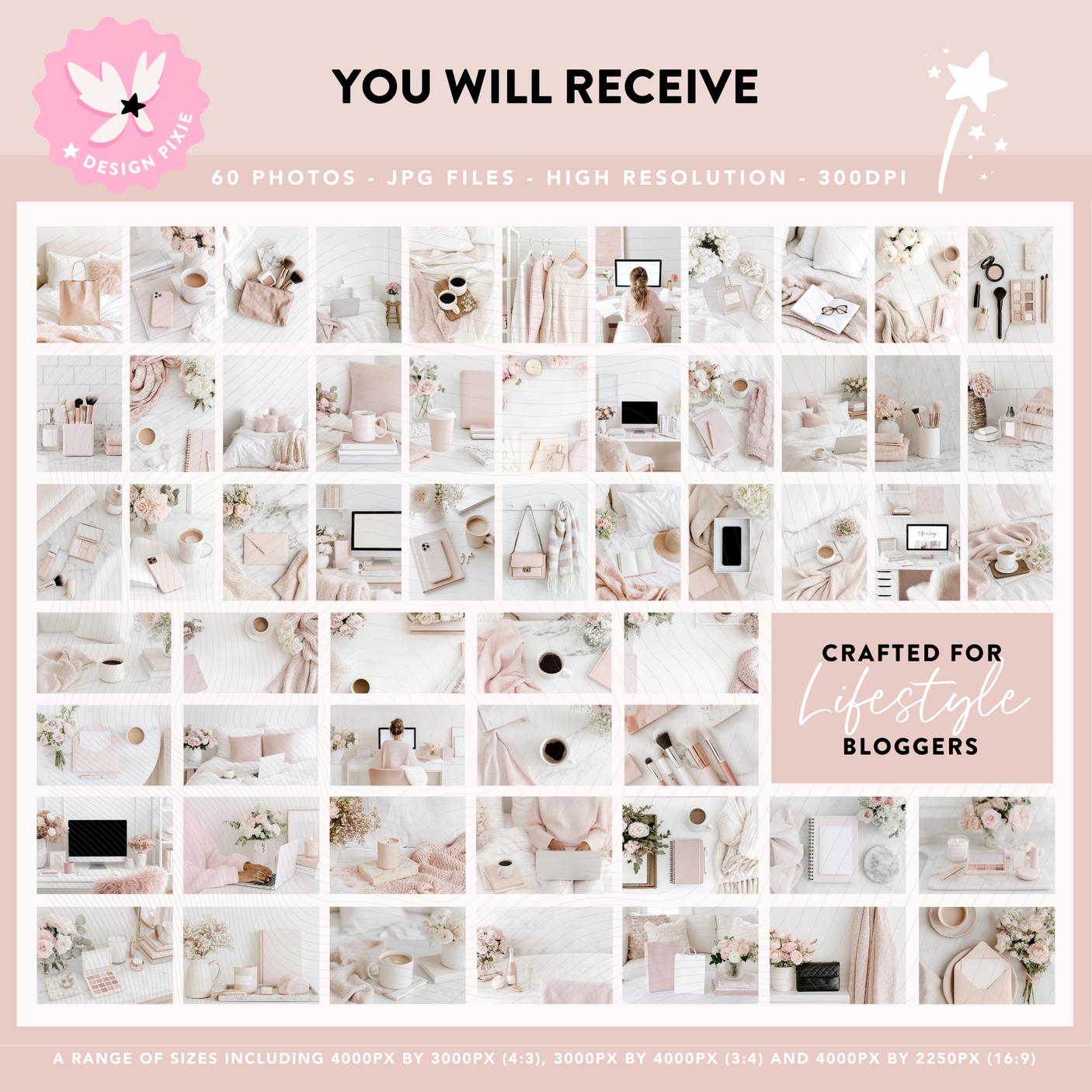 Collage of lifestyle photos for bloggers with product images on a light pink background.