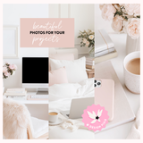 Pretty styled stock images for blogging with desk, flatlay, coffee, flowers and cozy scenes