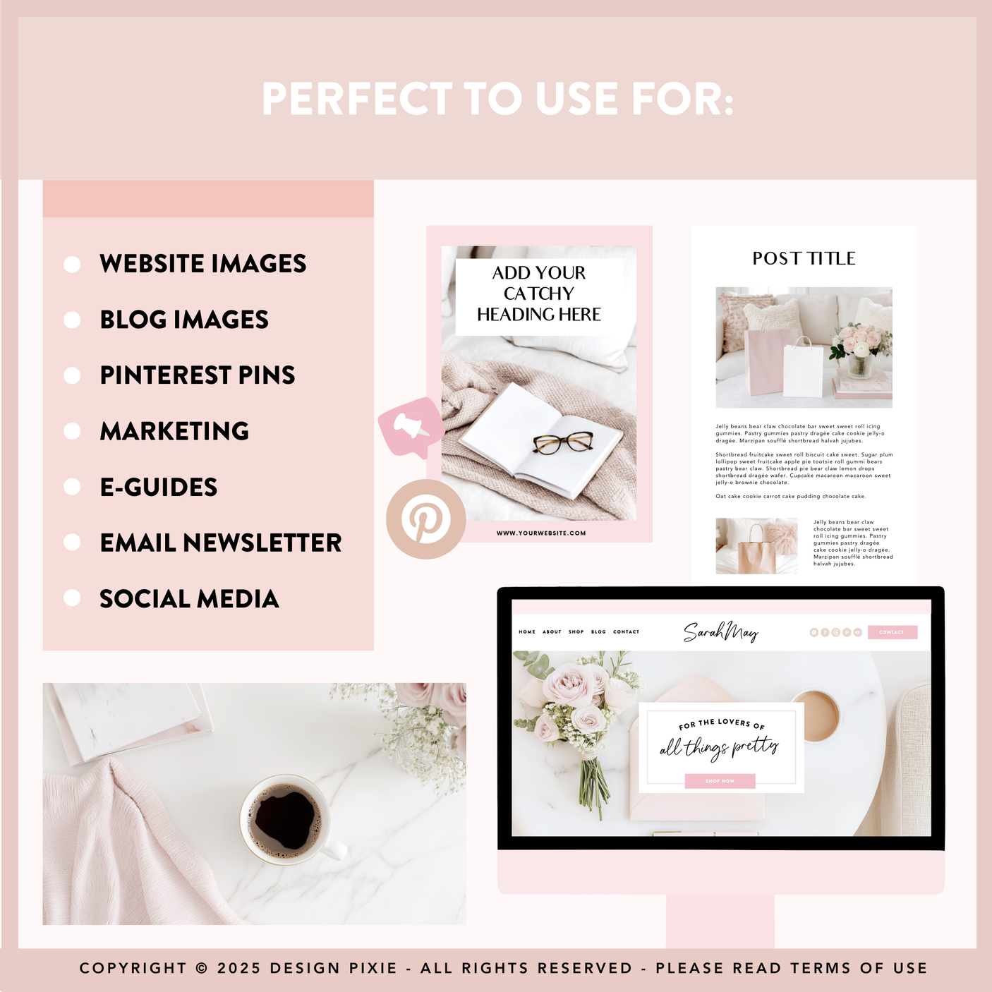 Design elements for website images, blog posts, and social media with a pink background.