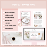 Design elements for website images, blog posts, and social media with a pink background.