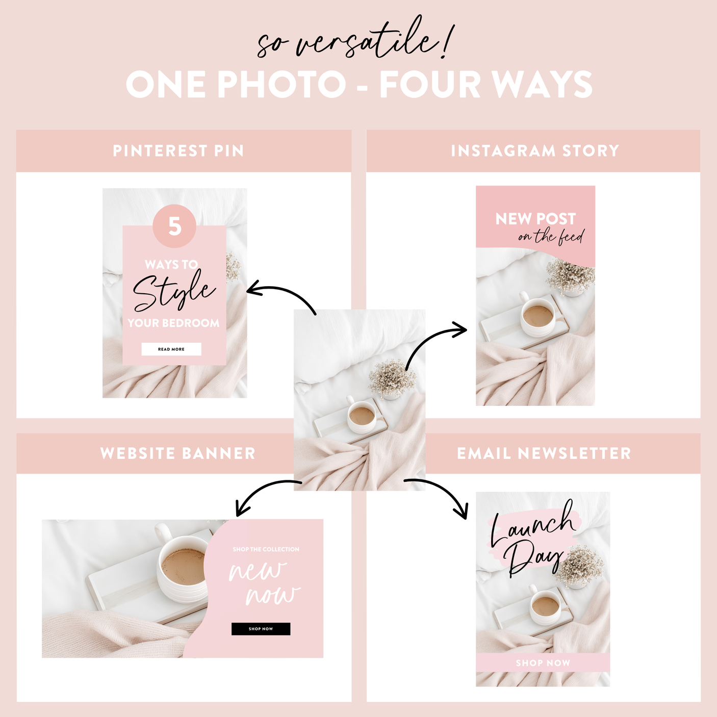 Collage of a photo used for Pinterest pin, Instagram story, website banner, email newsletter, and launch day design.