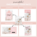 Collage of a photo used for Pinterest pin, Instagram story, website banner, email newsletter, and launch day design.