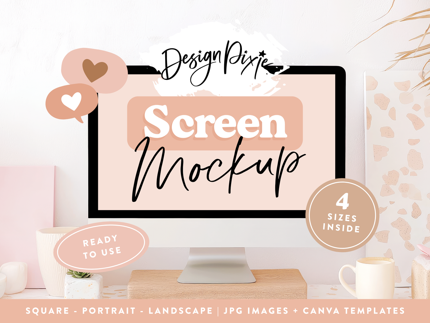 iMac Desktop screen mockup on a boho desk and workspace