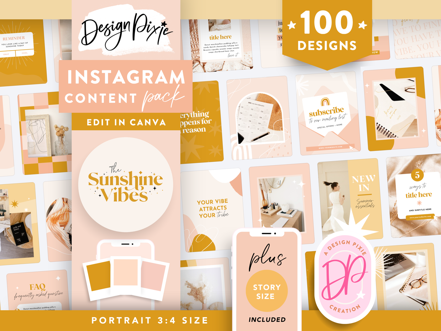 boho Instagram templates to edit in Canva in the Sunshine Vibes design, with golden yellow, beige and peach colors