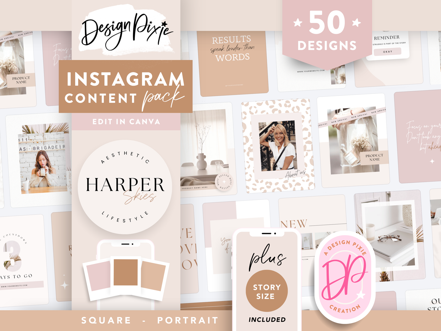 Boho neutral Instagram post and story templates in aesthetic modern beige and white designs