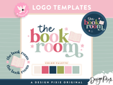 Logo templates for 'the book room' with color palette on a pink and blue background.