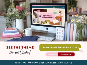 Computer screen displaying a Shopify theme for a book-themed store with books, flowers, and a mug on a desk.